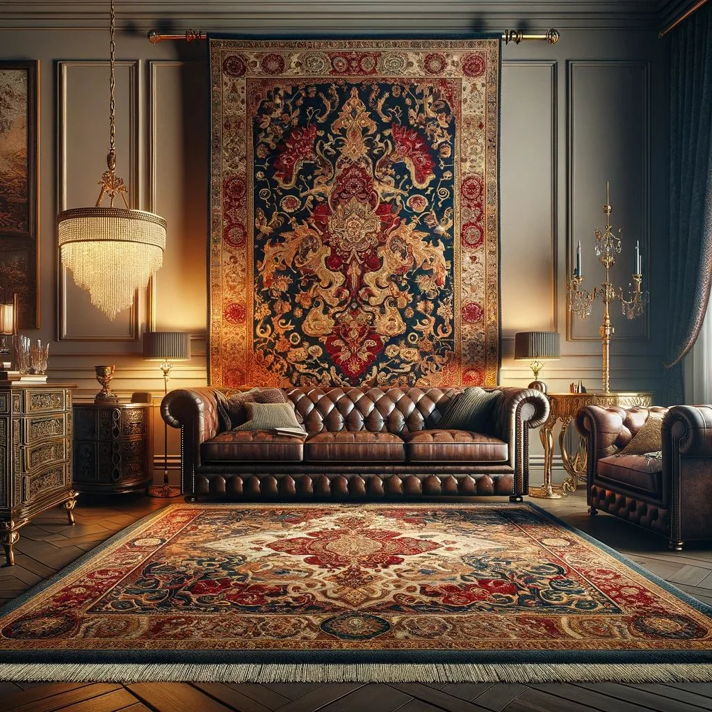 A luxurious oriental rug with intricate patterns and a rich color palette of red, gold, and navy blue, hanging from an antique brass rod in a sophisticated living room.