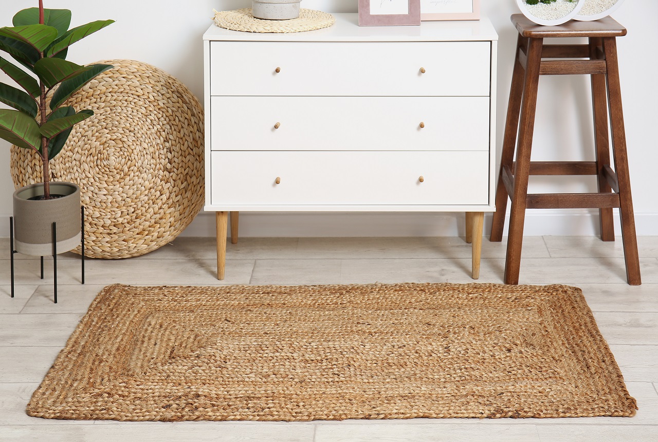 Chest of drawers and wicker carpet rug