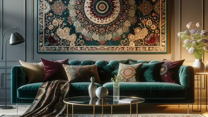 A cozy living room scene with a large, ornate area rug hanging on the wall as a focal point. The rug features an elaborate pattern with colors like burgundy, navy, and emerald, complementing the room's decor. Below the rug, a plush velvet sofa in a deep teal color is adorned with decorative pillows. A modern glass coffee table sits in front, holding a vase of fresh flowers. The room is warmly lit by a contemporary floor lamp, casting a soft glow on the rug and creating a welcoming ambiance.