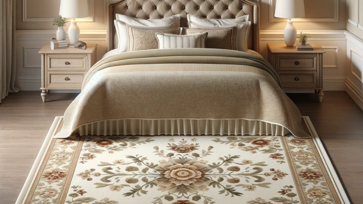 A traditional bedroom design showcasing the foot of a king-sized bed with a classic, quilted headboard in a soft cream color. At the end of the bed lies an area rug with a timeless floral pattern in muted tones of beige, rust, and sage green. The rug sits on a simple beige carpet that complements the room's neutral color scheme. The overall feel of the room is one of understated elegance, with a touch of homeliness provided by the wooden nightstands and the soft, ambient lighting.