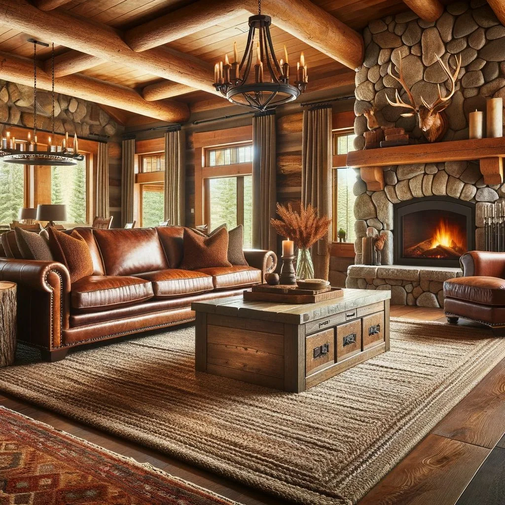 A living room with a cozy, cabin-style ambiance. The furniture includes a rich brown leather sofa, evoking a rustic charm, complemented by a thick, woven rug in warm earthy tones.