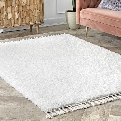 Ivory Solid Shag With Tassels Area Rug