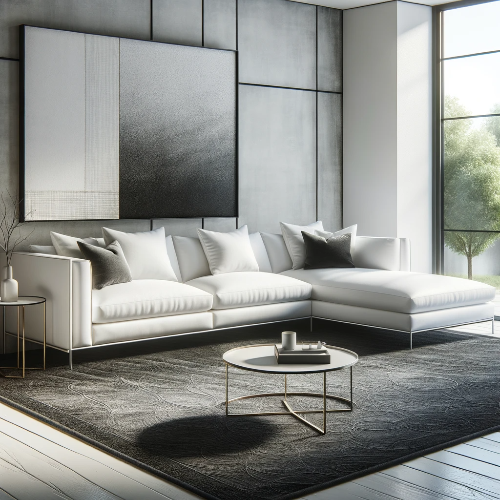 A modern living room, where a stylish white couch is the centerpiece, sitting atop a textured dark grey rug. The room should have an open and airy feel, with large windows allowing natural light to enhance the contrast between the rug and the couch. The decor is minimalistic, with selective modern art pieces adorning the walls, complementing the contemporary theme of the space.
