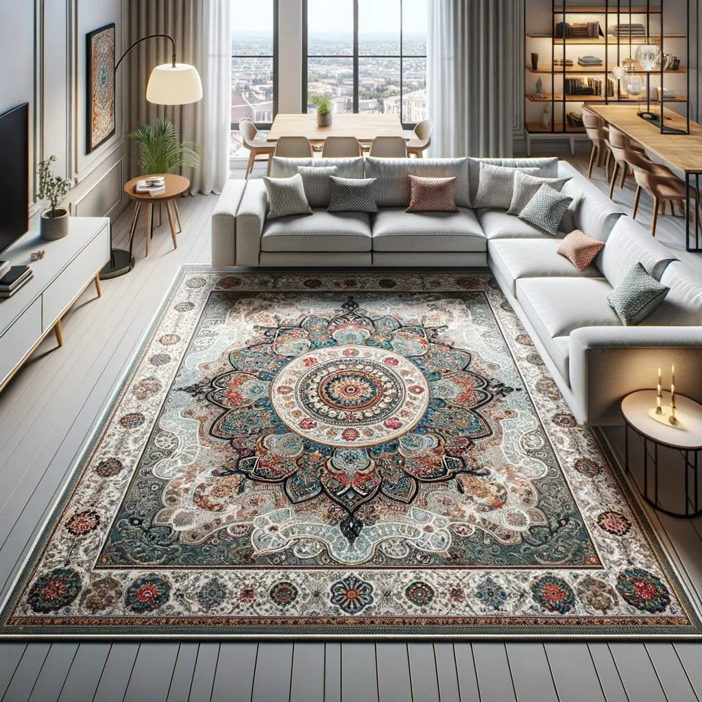 A spacious and inviting living room featuring an L-shaped white couch that combines both comfort and modern design. At its center lies a beautiful medallion rug, boasting an array of colors and an ornate pattern that adds a touch of timeless elegance to the space. The room should reflect a blend of contemporary and classic decor, with the medallion rug serving as a striking centerpiece.