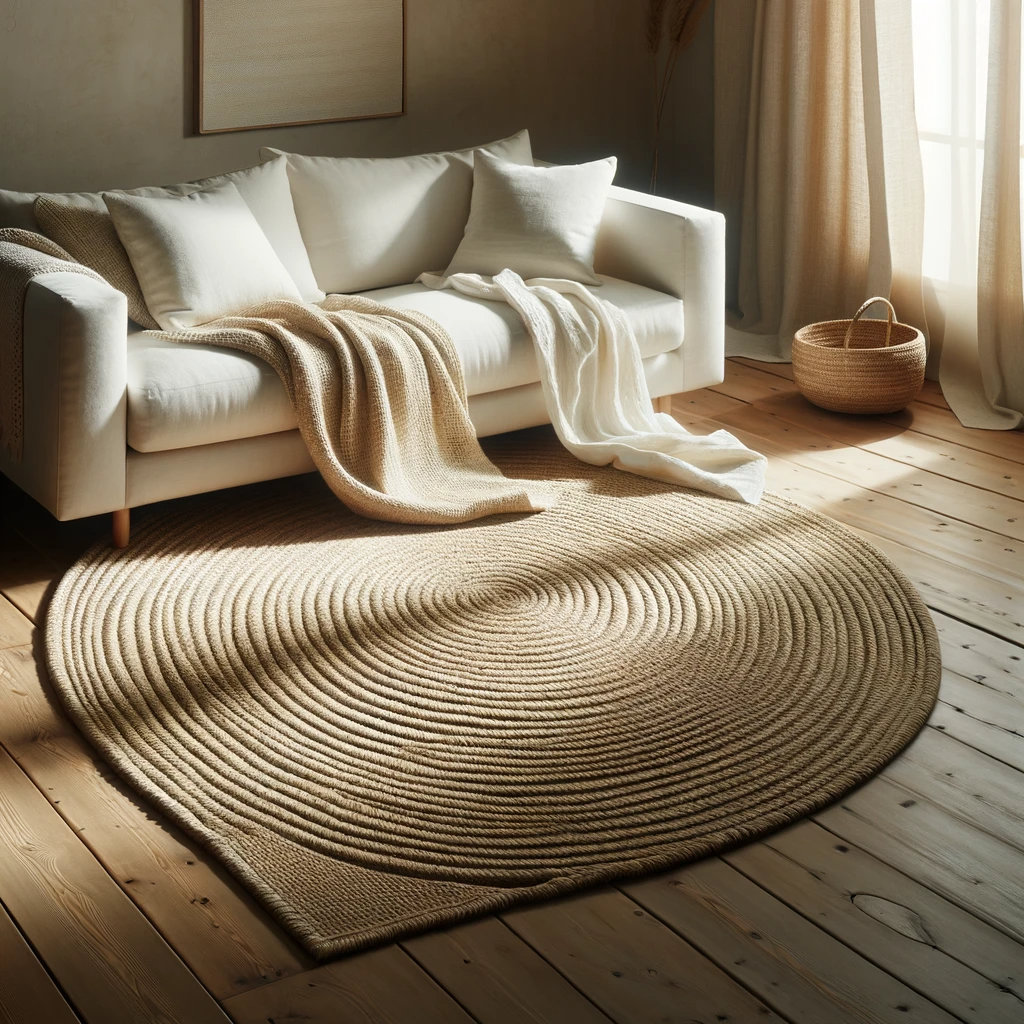 An inviting and natural-themed living room featuring a large, textured jute rug lying on a hardwood floor. Atop the rug sits a white cotton couch with a simplistic and clean design, complementing the organic feel of the space. The room is illuminated by natural light from large windows, casting soft shadows and enhancing the warm, earthy tones of the jute material.