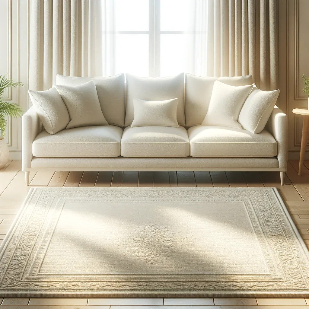 An elegant living room with an ivory rug placed underneath a matching ivory couch. The rug has a luxurious texture with a simple border design, and the couch features clean lines with plush cushions. Sunlight from the adjacent window accentuates the serene ivory tones and the soft, welcoming ambiance of the room.