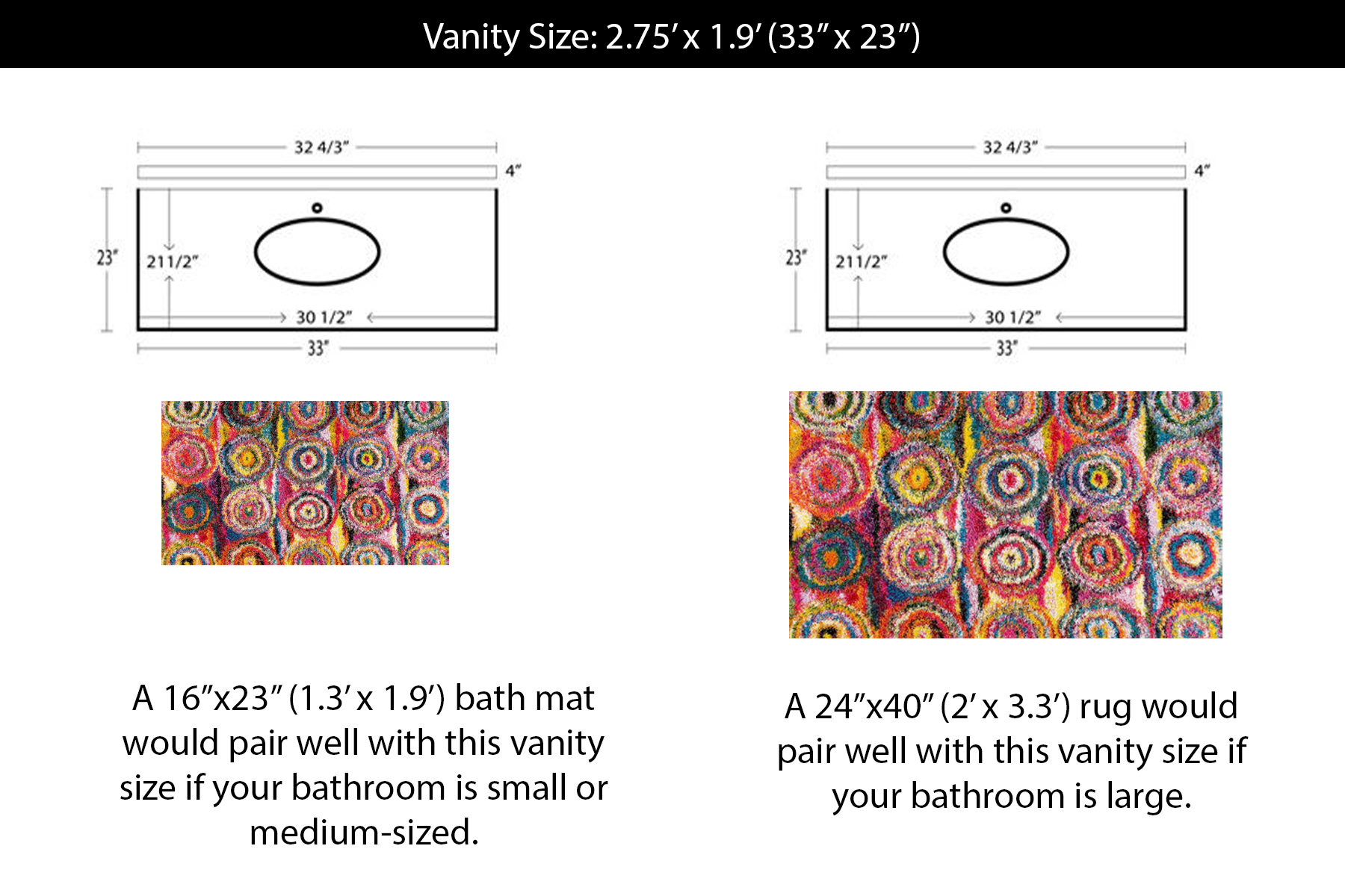 Vanity Size 2.75 Foot x 1.9 Foot (33 Inches x 23 Inches) Best Rug Sizes