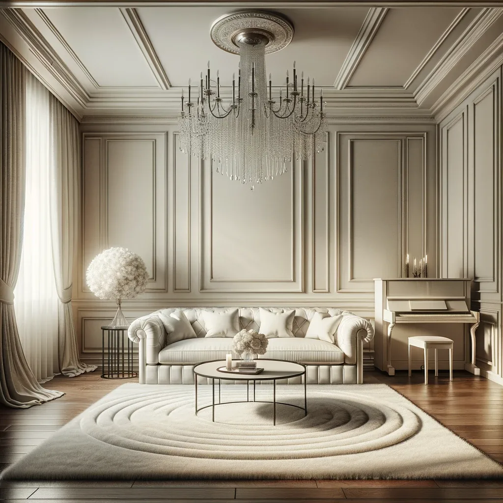 Visualize an elegant living room featuring an ivory couch with clean, sophisticated lines atop a complementary ivory rug. The space is enhanced by a crystal chandelier casting a soft glow, and a grand piano in the corner implies a refined taste. This room combines classic elegance with a touch of modern simplicity.