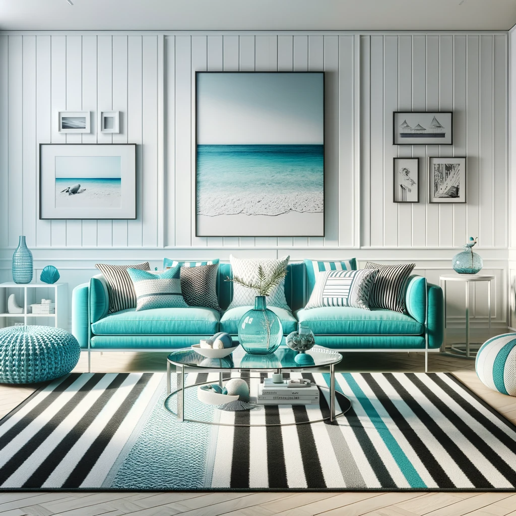 A bright, beach-inspired living room where a bold turquoise sofa stands out against a stylish black and white striped rug