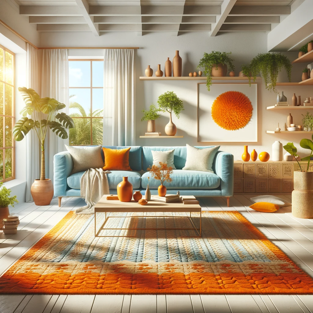 A bright living room where a sky blue sofa stands out against an orange rug