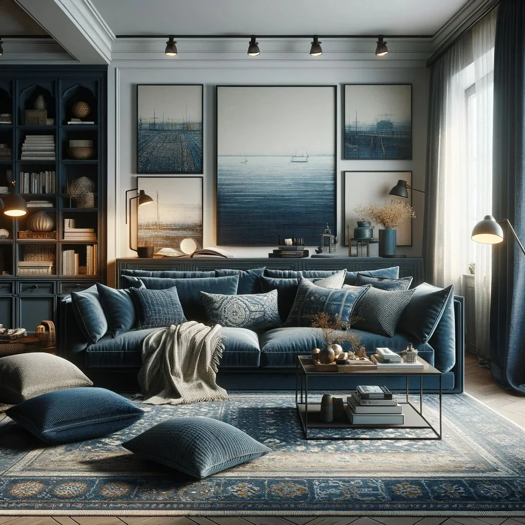 A casual yet stylish living room, where a navy blue sofa offers a blend of comfort and sophistication. It's paired with a blue oriental rug