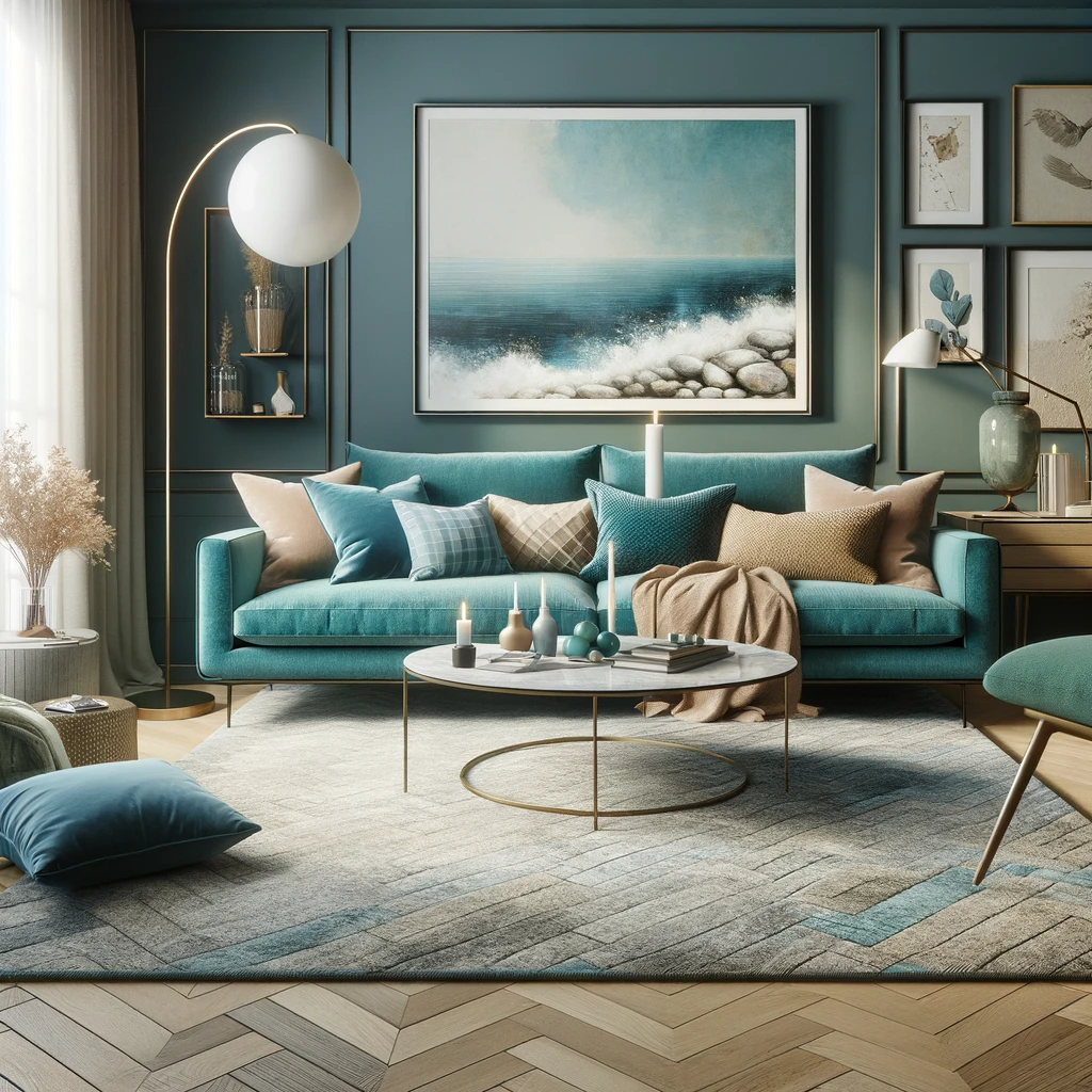A chic and inviting living room with a turquoise sofa and a beige rug