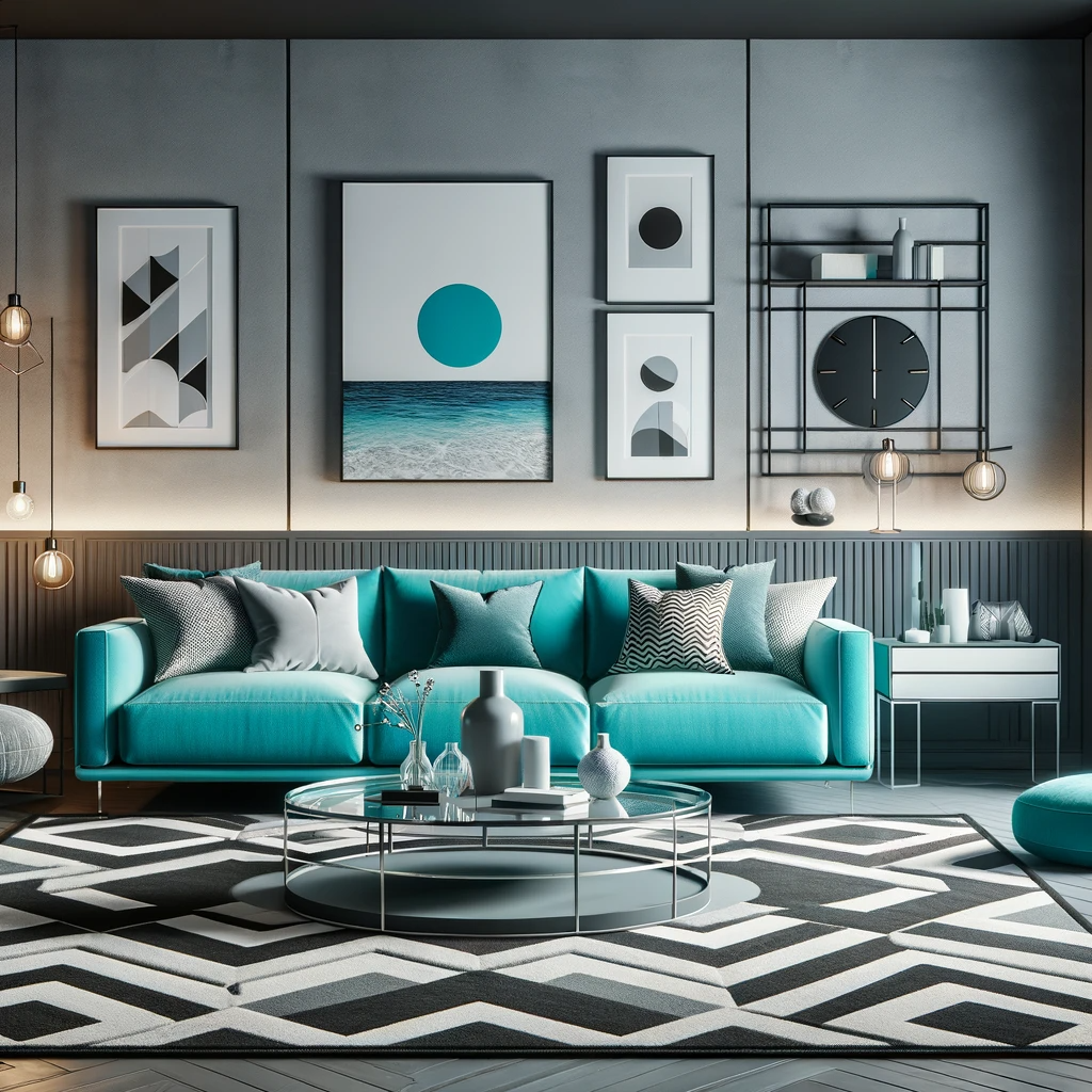 A contemporary living room that captures the essence of modern beachside living, with an eye-catching turquoise sofa and black and white area rug