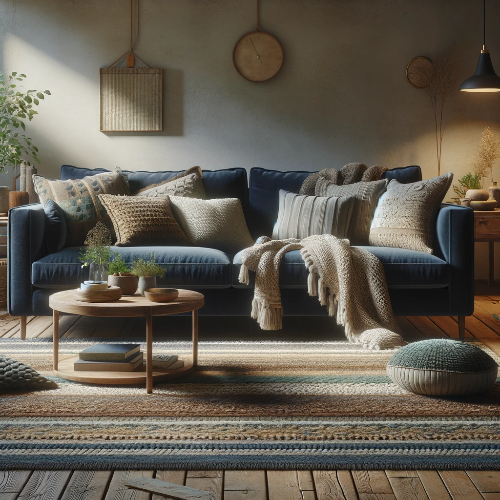 A cozy, informal living room, where a navy blue sofa matches an earth colored rug