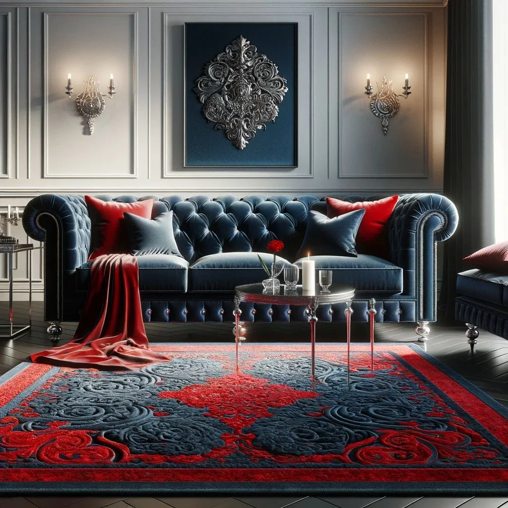 A living room that exudes confidence and style with a plush navy blue sofa and a sophisticated bold red rug