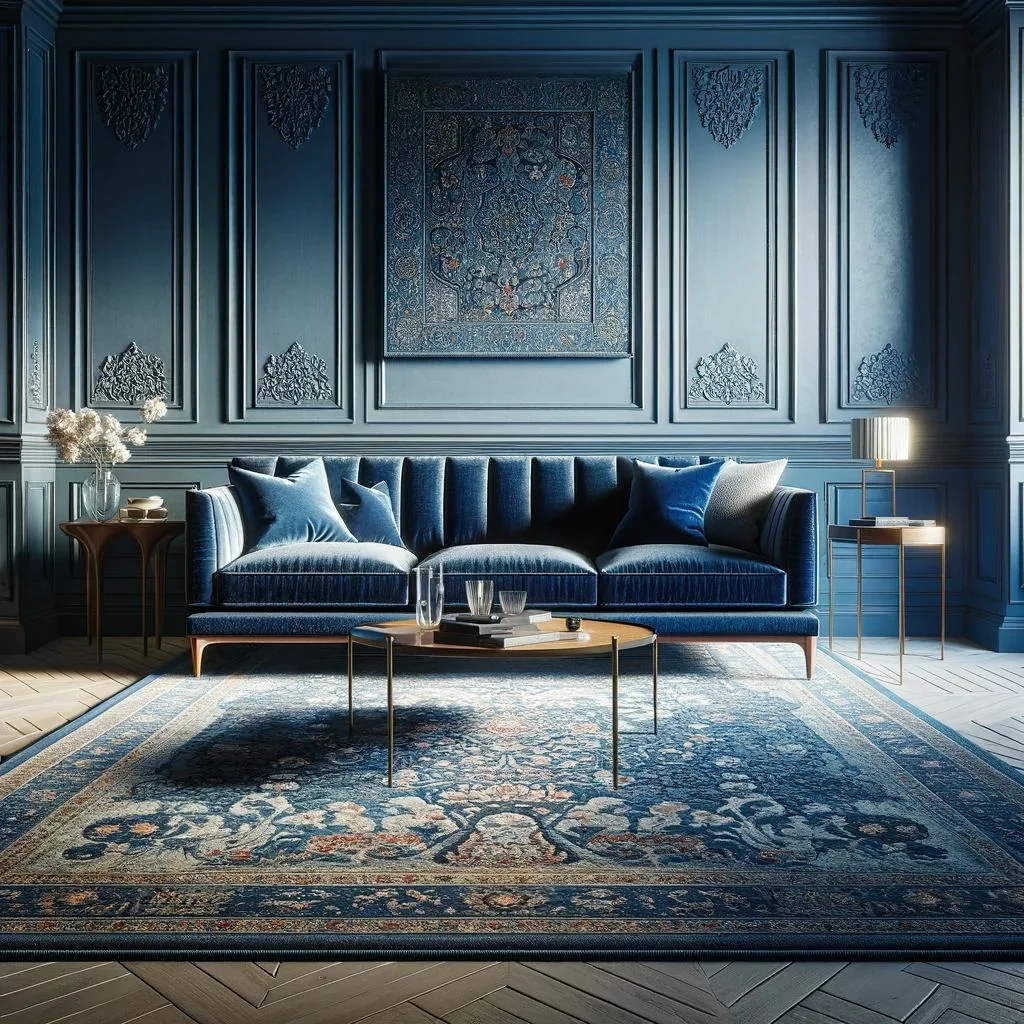 A refined living room featuring a sophisticated navy blue sofa and a blue oriental rug
