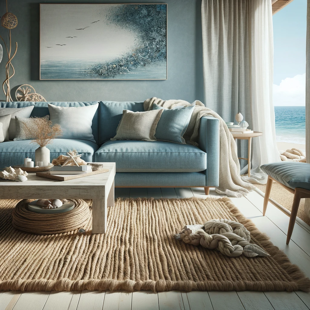 A serene living room that exudes coastal tranquility with a sky blue sofa and woven texture jute rug
