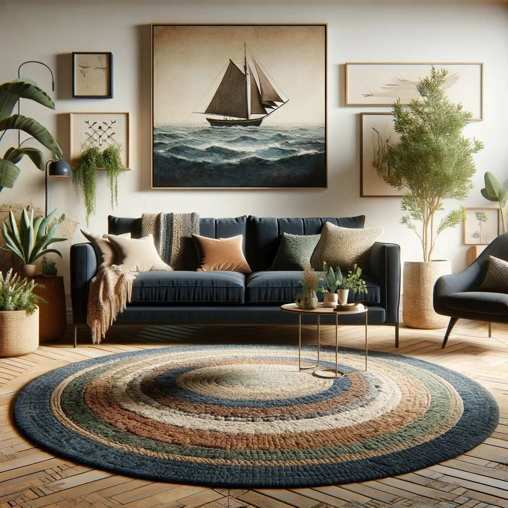 A sophisticated living room anchored by a navy blue couch, paired with an earth-toned rug