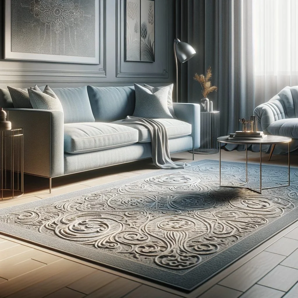A stylish living room with a light blue sofa and a gray patterned rug