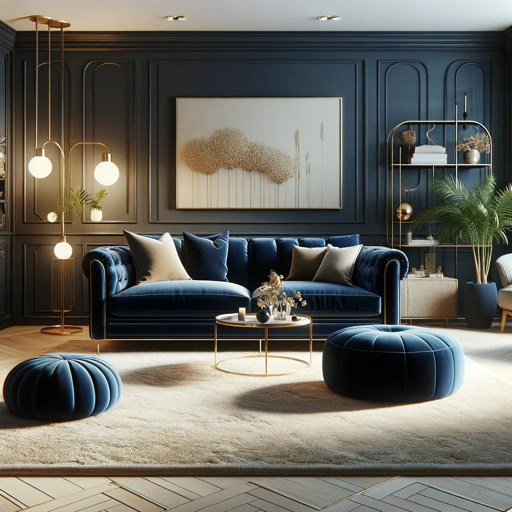 An elegant living space with a luxurious navy blue sofa and a soft beige sofa