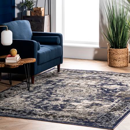 Blue Faded Crowned Rosette Area Rug