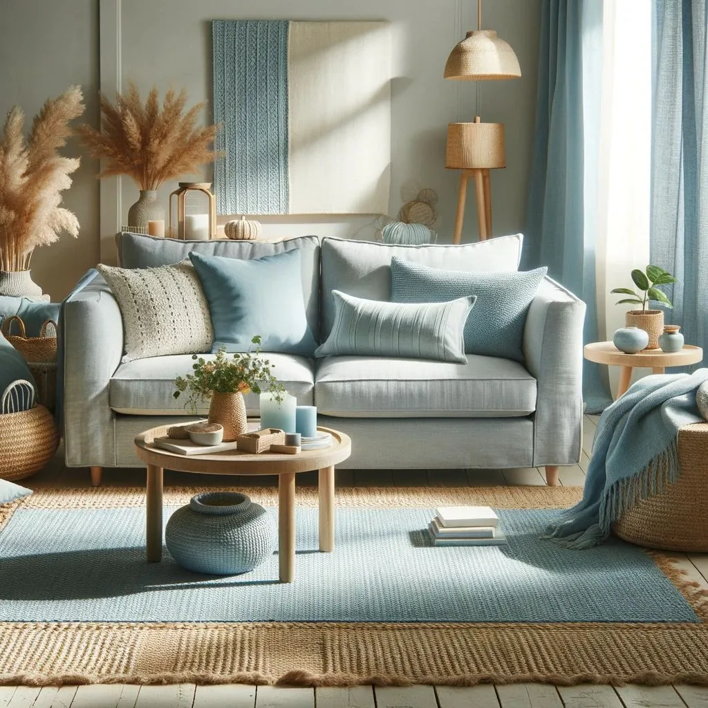 Living room with a light blue sofa, with a soft fabric upholstery, with a matching light blue rug
