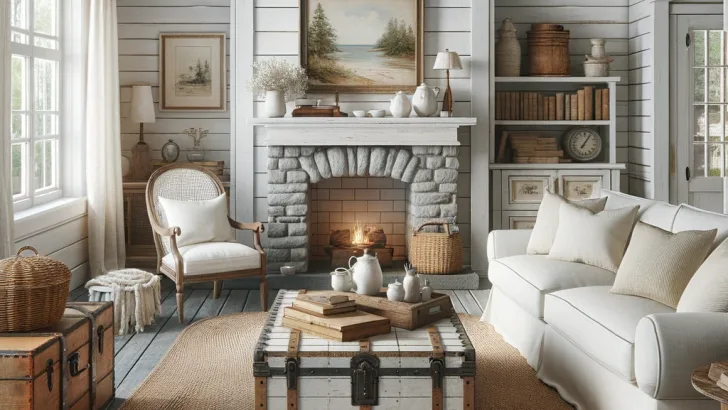 Illustration of a cozy cottage-style living room with white beadboard walls and rustic gray-washed wooden floors. The space includes a comfortable white linen slipcovered sofa, a vintage wood trunk used as a coffee table, and a braided jute area rug. A stone fireplace with a chunky wooden mantel is the heart of the room, and the walls are decorated with watercolor landscapes and family heirlooms.