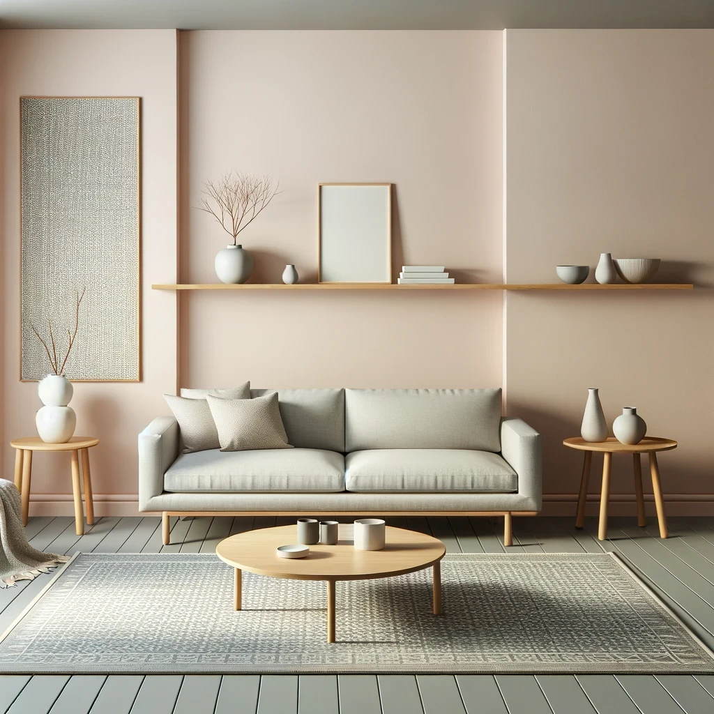 Imagine a minimalist Scandinavian-style living room that balances simplicity with warmth. The room is characterized by its light pastel pink walls and contrasting matte gray floors. The furniture is of Scandinavian design, featuring a sleek, light wood coffee table and a soft gray fabric sofa with clean lines. Simple and functional accessories, such as a geometric patterned rug in gray tones, white ceramic vases, and a wall-mounted floating shelf holding a few select books, enhance the airy and uncluttered feel of the space.