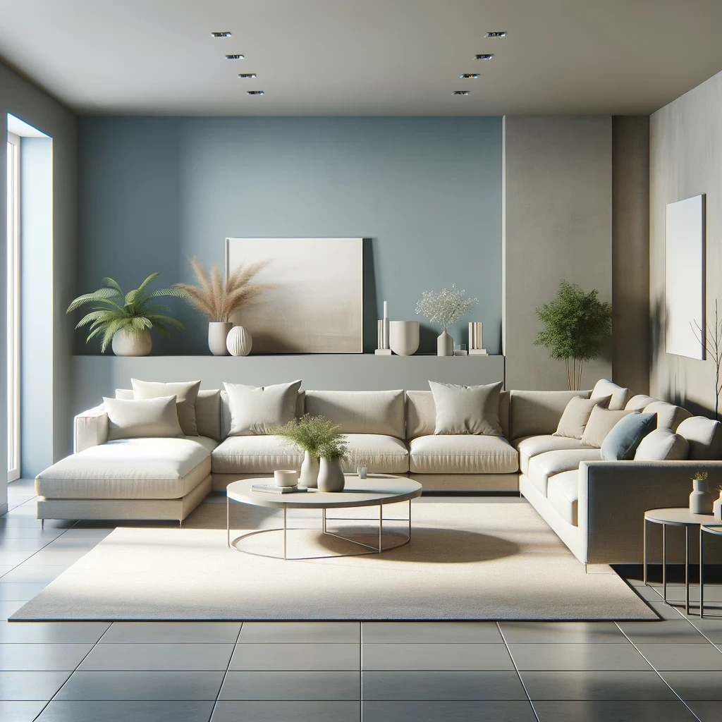 Photo of a furnished open living room, providing a clear view of the dusty blue walls and gray floors. The furniture includes a modern light beige sectional sofa, a low-profile coffee table, and decorative plants that add a touch of greenery. The room is well-lit with recessed lighting, and the walls are adorned with minimalistic art pieces.