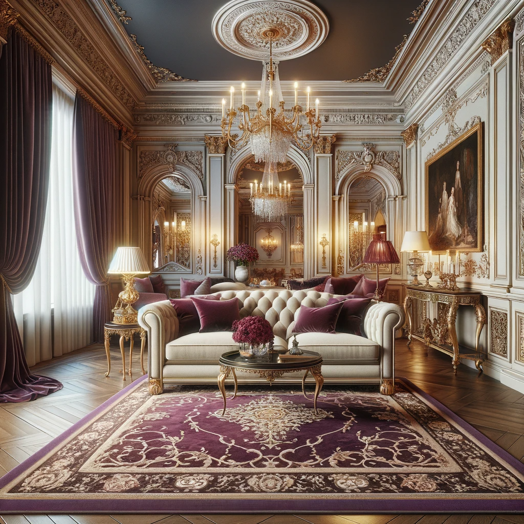 A Regency-style living room featuring a beige couch and a deep purple rug. The room exudes elegance and luxury, characteristic of Regency decor, with intricate moldings, high ceilings, and opulent furnishings. The beige couch is complemented by the striking deep purple rug, adding a rich color contrast. The space is adorned with ornate chandeliers, velvet drapes, gilded mirrors, and classic artwork. The room's sophisticated design is further accentuated by polished wooden floors and antique decorative pieces, embodying the grandeur of the Regency era.