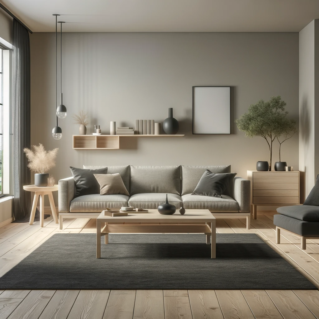 A Scandinavian style living room featuring a charcoal rug and a taupe couch. The room has minimalist decor with a focus on functionality and simplicity. The walls are light-colored, complementing the natural light flowing in from large windows. The furniture is sleek with clean lines, including a coffee table and some shelves, all made of light wood. Decorative elements are minimal, consisting of a few potted plants and simple, yet elegant, lighting fixtures. The overall ambiance is calm, inviting, and harmoniously balanced between comfort and style.