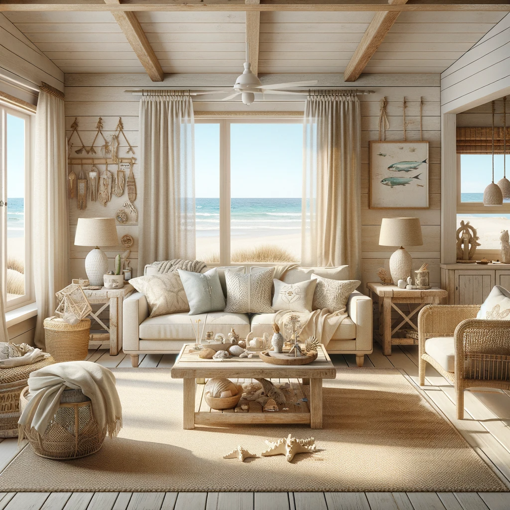 A beach cabin style living room featuring a beige couch and a cream rug. The room is designed with a relaxed, coastal theme, incorporating elements like driftwood accents, nautical decorations, and light, airy colors. The beige couch and cream rug complement the beachy vibe, with large windows offering views of the sea or beach. The decor includes a rustic wooden coffee table, comfortable wicker chairs, and beach-themed accents such as shells, sea glass, and marine-inspired artwork. The overall atmosphere is breezy and casual, perfectly capturing the essence of a beach cabin retreat.