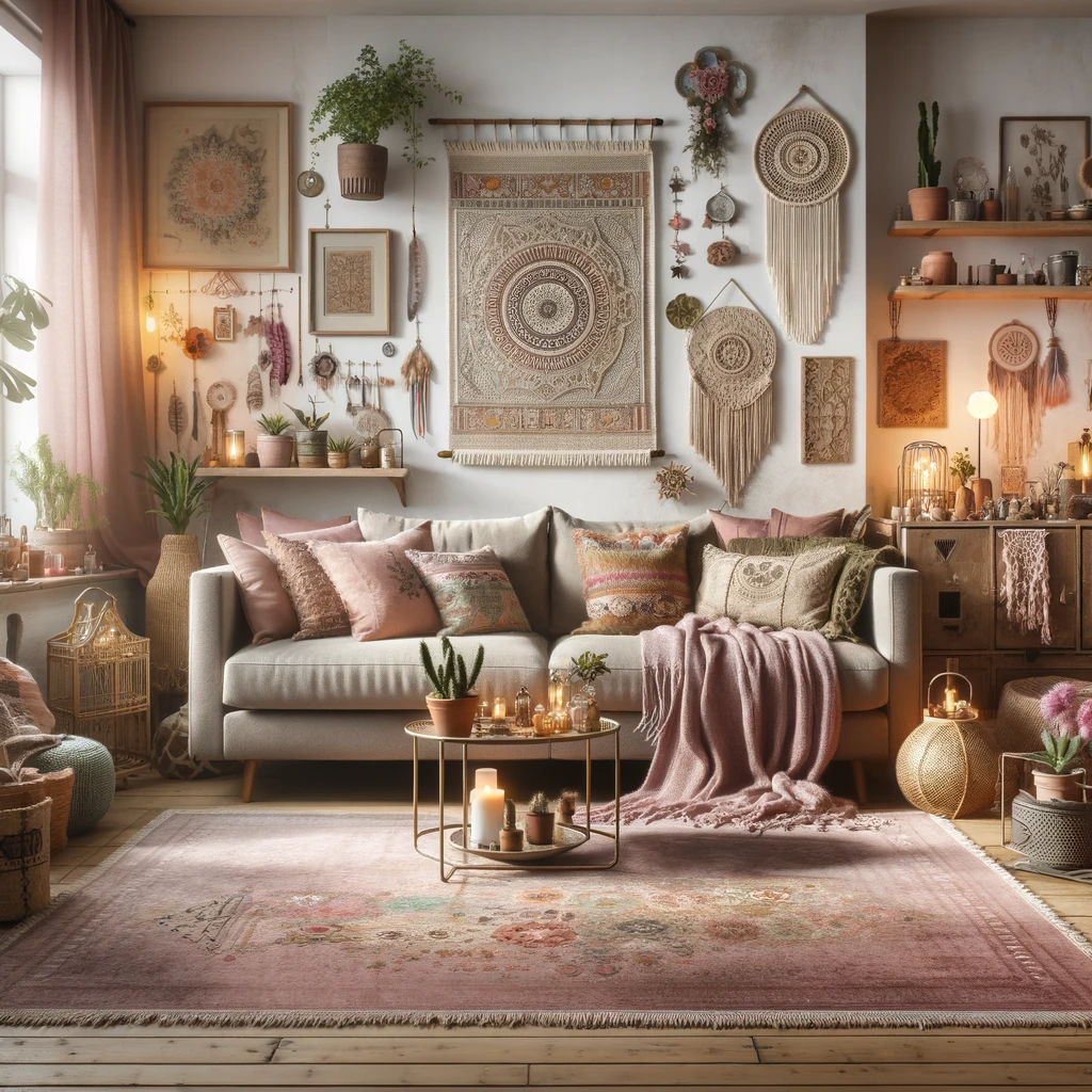 A bohemian style living room with a taupe couch and a dusty pink rug. The room showcases a free-spirited and eclectic design, typical of bohemian decor. The taupe couch is comfortable and laid-back, blending seamlessly with the room's relaxed vibe. The dusty pink rug adds a soft, romantic touch, complementing the bohemian aesthetic. The room is filled with a mix of colorful textiles, patterned throw pillows, and unique decor items like tapestries, macrame wall hangings, and vintage trinkets. The walls are adorned with boho-style art and shelves featuring an array of plants and decorative objects. The space is illuminated with ambient lighting from lanterns and candles, creating a cozy and whimsical atmosphere.