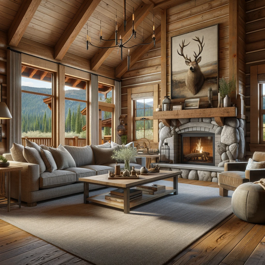 A cabin-style living room featuring a taupe couch and a light grey rug. The room exudes a warm, rustic charm, characteristic of cabin interiors. The taupe couch, with its plush cushions, offers a cozy seating area, complementing the cabin's inviting ambiance. The light grey rug on the wooden floor adds a subtle, soft contrast, harmonizing with the natural wood tones of the room. The walls are adorned with cabin-style decor, such as mounted antlers, landscape paintings, and wood paneling. A stone fireplace adds to the rustic feel, creating a focal point in the room. Large windows allow natural light to illuminate the space, highlighting the room's wooden beams and the mixture of comfortable and traditional furnishings.