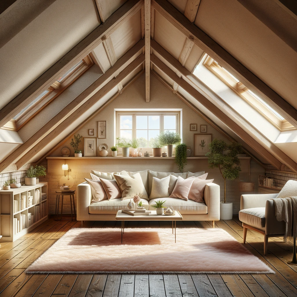A charming attic living room with a beige couch and a soft pink rug. The room features sloped ceilings and exposed wooden beams, creating a cozy and rustic feel. The space is illuminated by skylights and small windows, casting a soft glow that highlights the beige couch and the gentle pink hue of the rug. The decor includes a small coffee table, comfortable chairs, and homey accents like bookshelves, potted plants, and framed pictures, offering a warm and inviting ambiance.
