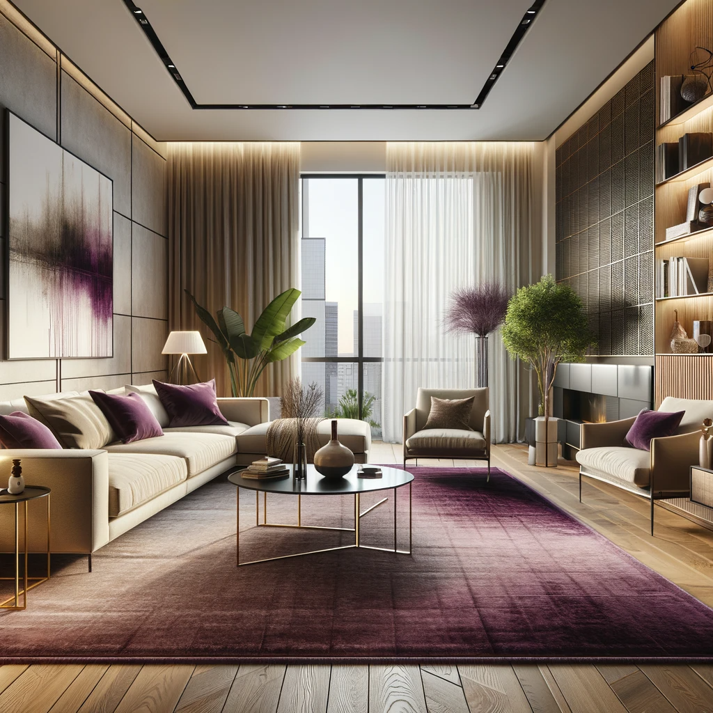 A contemporary living room featuring a beige couch and a deep purple rug. The room is designed with a modern aesthetic, highlighted by a combination of clean lines and bold color contrasts. The space is illuminated by ample natural light, with large windows enhancing the cozy ambiance. The decor includes a sleek coffee table, comfortable armchairs, and decorative elements like indoor plants, a bookshelf, and abstract wall art. The focal point is the striking deep purple rug, complementing the neutral tone of the beige couch, creating a stylish and inviting space.