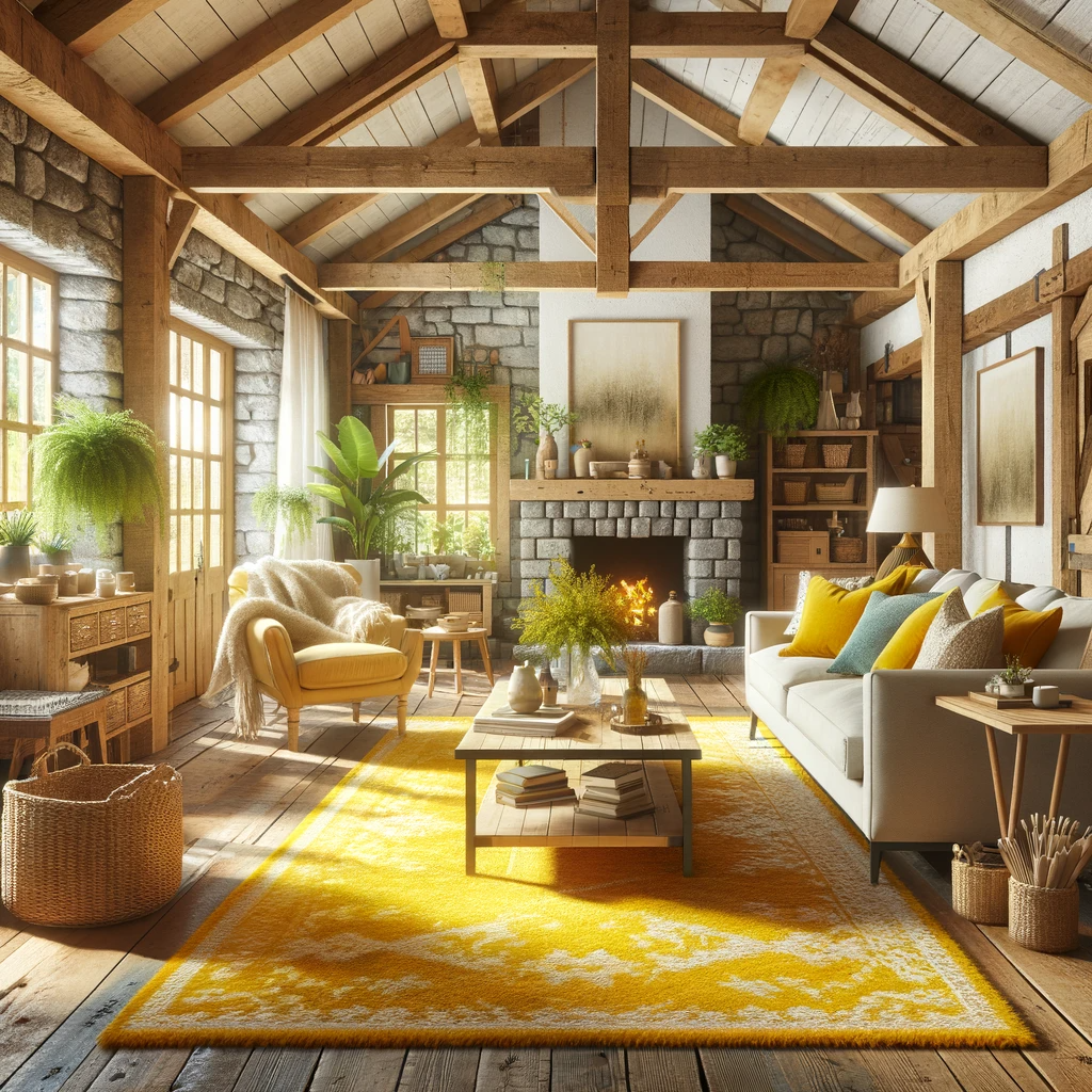 A cozy farmhouse living room featuring a beige couch and a sunny yellow rug. The room combines rustic charm with a splash of vibrant color, embodying the essence of farmhouse style. The space is characterized by wooden beams, a stone fireplace, and large windows that flood the room with natural light, highlighting the sunny yellow rug and beige couch. The decor includes a wooden coffee table, plush armchairs, and homey touches like woven baskets, potted plants, and family photographs. The overall atmosphere is warm and inviting, with the sunny yellow rug adding a cheerful element to the rustic setting.