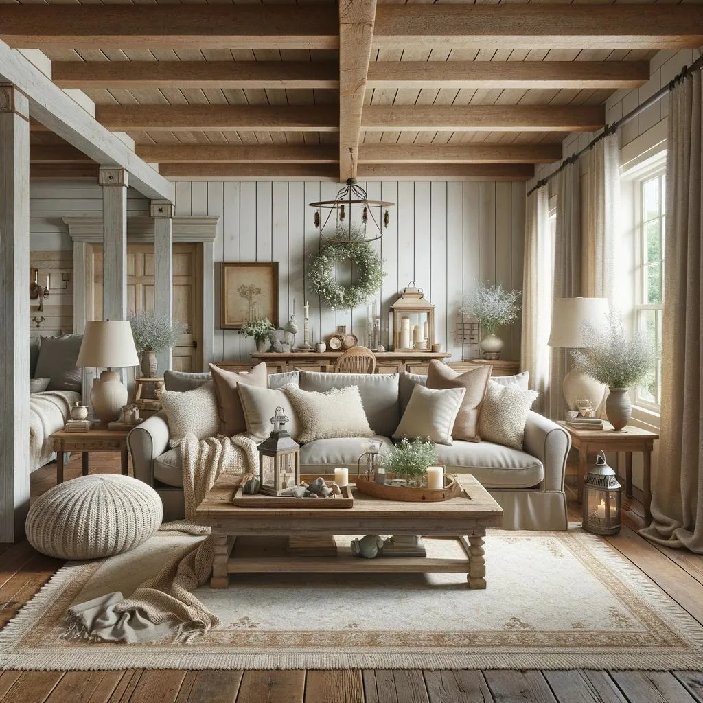 A farmhouse living room with a taupe couch and an ivory rug. The room is designed with a rustic yet elegant charm, characteristic of farmhouse style. The taupe couch is comfortable and inviting, perfectly complementing the ivory rug that adds a touch of softness and warmth to the wooden floor. The room features exposed wooden beams and shiplap walls painted in a light, soothing color. A large, vintage wooden coffee table sits in the center, surrounded by cozy throw pillows and blankets. The decor includes farmhouse-style elements like a wreath, lanterns, and a collection of antique trinkets. Large windows allow ample natural light, enhancing the room's warm and welcoming atmosphere.