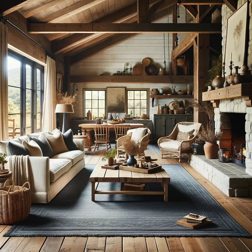 A farmhouse-style living room featuring a beige couch and a midnight blue rug. The room blends rustic charm with a touch of modern color, creating a cozy and inviting space. The interior boasts wooden beams, a stone fireplace, and large windows that allow natural light to enhance the warmth of the beige couch and the depth of the midnight blue rug. The decor includes a wooden coffee table, plush armchairs, and homey accents like woven baskets, potted plants, and family heirlooms. The overall atmosphere is a harmonious mix of traditional farmhouse elements and contemporary color, making the space feel welcoming and lived-in.
