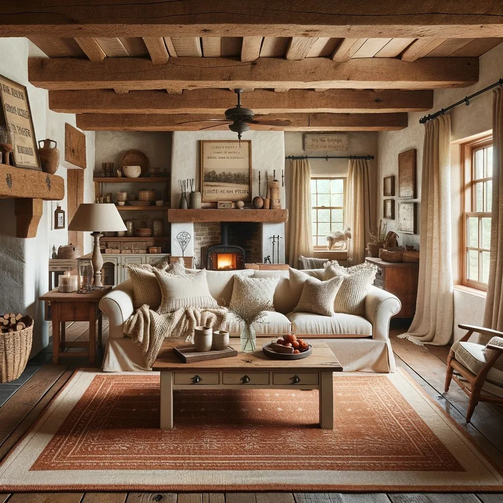 A farmhouse-style living room with a beige couch and a burnt sienna rug. The room exudes a rustic charm with exposed wooden beams on the ceiling and a stone fireplace. The beige couch is comfortable and classic, adorned with knitted throw pillows. The burnt sienna rug adds a warm, welcoming feel to the space. The room includes a wooden coffee table with a vintage look, and the walls are decorated with traditional farmhouse decor, including vintage signs and rustic wall art. Large windows are dressed with simple, country-style curtains, allowing natural light to enhance the cozy atmosphere.