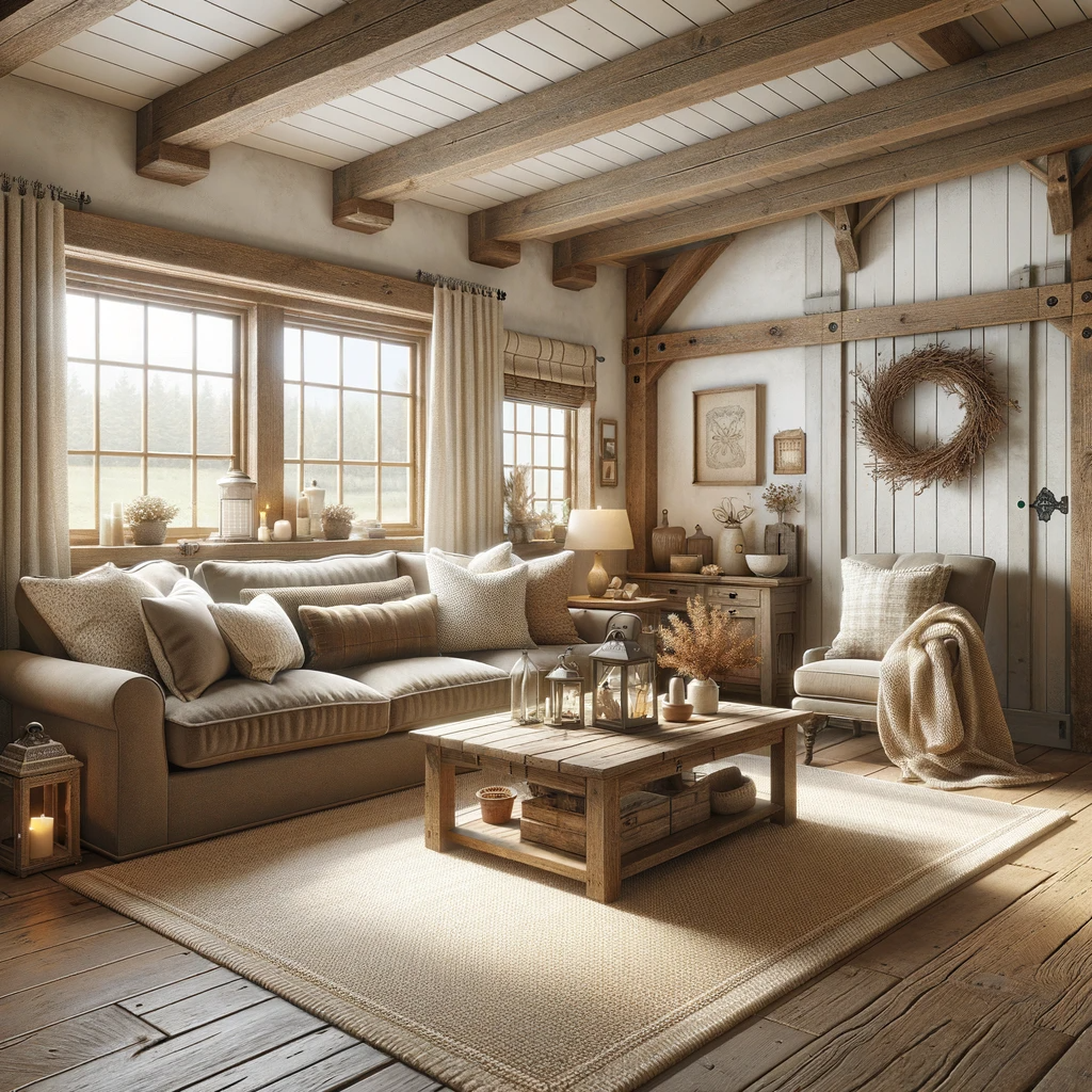 A farmhouse-style living room with a taupe couch and a cream rug. This room blends rustic charm with cozy comfort. The taupe couch, with its plush and inviting look, sits perfectly against the backdrop of the room's wooden accents, including exposed wooden beams and a wooden coffee table. The cream rug adds a soft, warm element to the hardwood floors, complementing the room's earthy tones. The walls are painted in a light, neutral color, enhancing the farmhouse aesthetic. Decor includes farmhouse-style elements like a wreath, lanterns, and a collection of vintage trinkets. Large windows allow ample natural light, highlighting the wooden accents and creating a welcoming, homely atmosphere typical of farmhouse interiors.