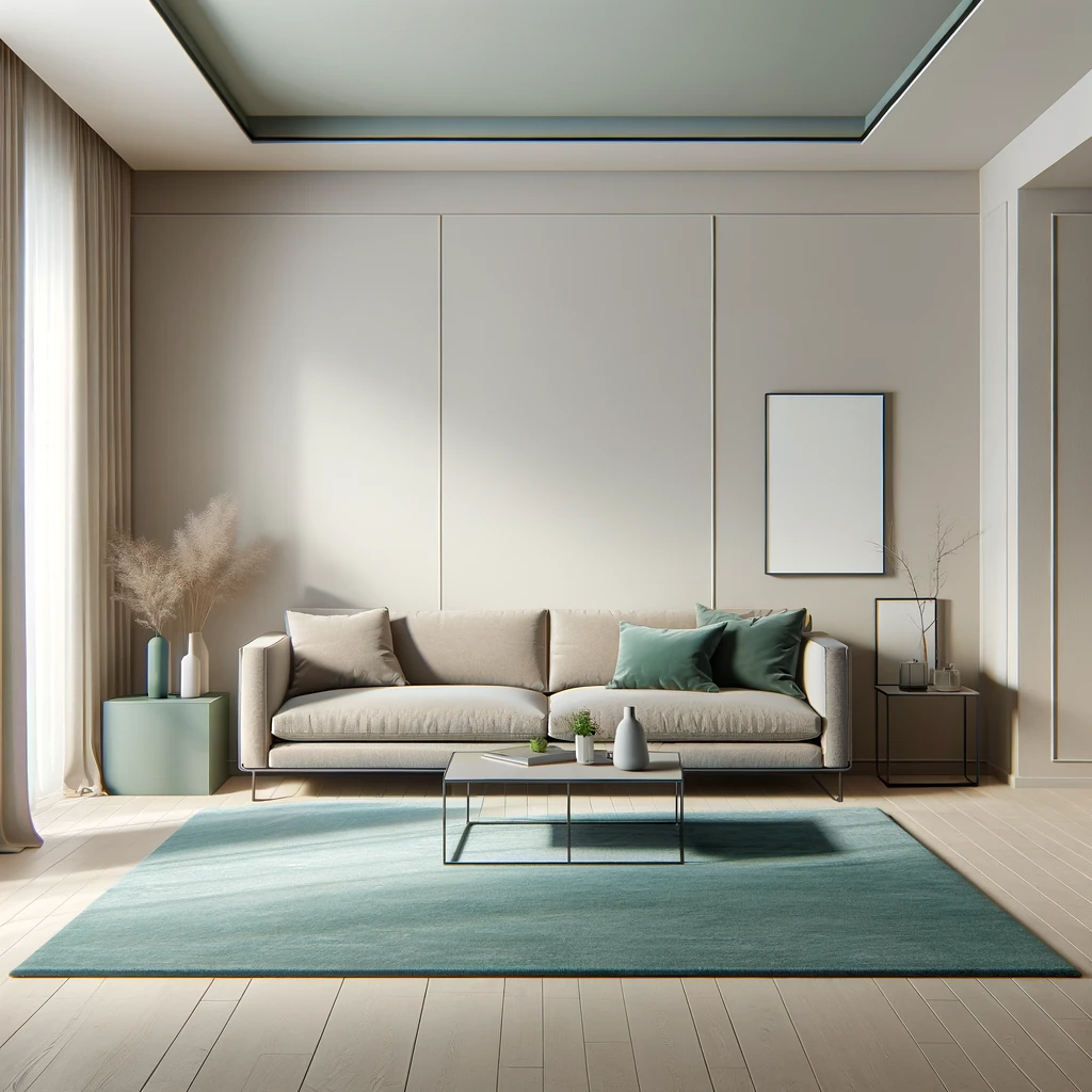 A minimalist living room with a taupe couch and a teal rug. The room embodies the principles of minimalism, with a clean, uncluttered design and a focus on functionality. The taupe couch is simple yet elegant, providing a comfortable seating area without overwhelming the space. The teal rug adds a splash of color to the room, creating a beautiful contrast with the neutral tones of the couch and the walls. The walls are painted in a light, neutral shade, enhancing the room's airy and spacious feel. The room features a few carefully chosen decor items, such as a sleek coffee table, a couple of green plants for a natural touch, and some subtle lighting fixtures, all contributing to the room's serene and stylish atmosphere.