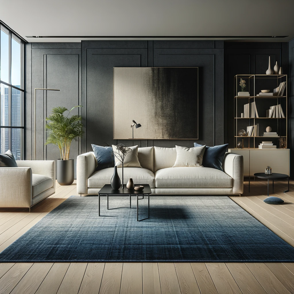 A sophisticated living room featuring a beige couch and a midnight blue rug. The room is designed with an elegant and modern aesthetic, showcasing a striking contrast between the light beige couch and the deep blue of the rug. The space is well-lit with natural light from large windows, highlighting the texture and color of the rug and couch. The decor includes a sleek coffee table, comfortable armchairs, and decorative elements like indoor plants, bookshelves, and abstract wall art. The combination of the beige couch and the midnight blue rug creates a stylish and inviting ambiance.
