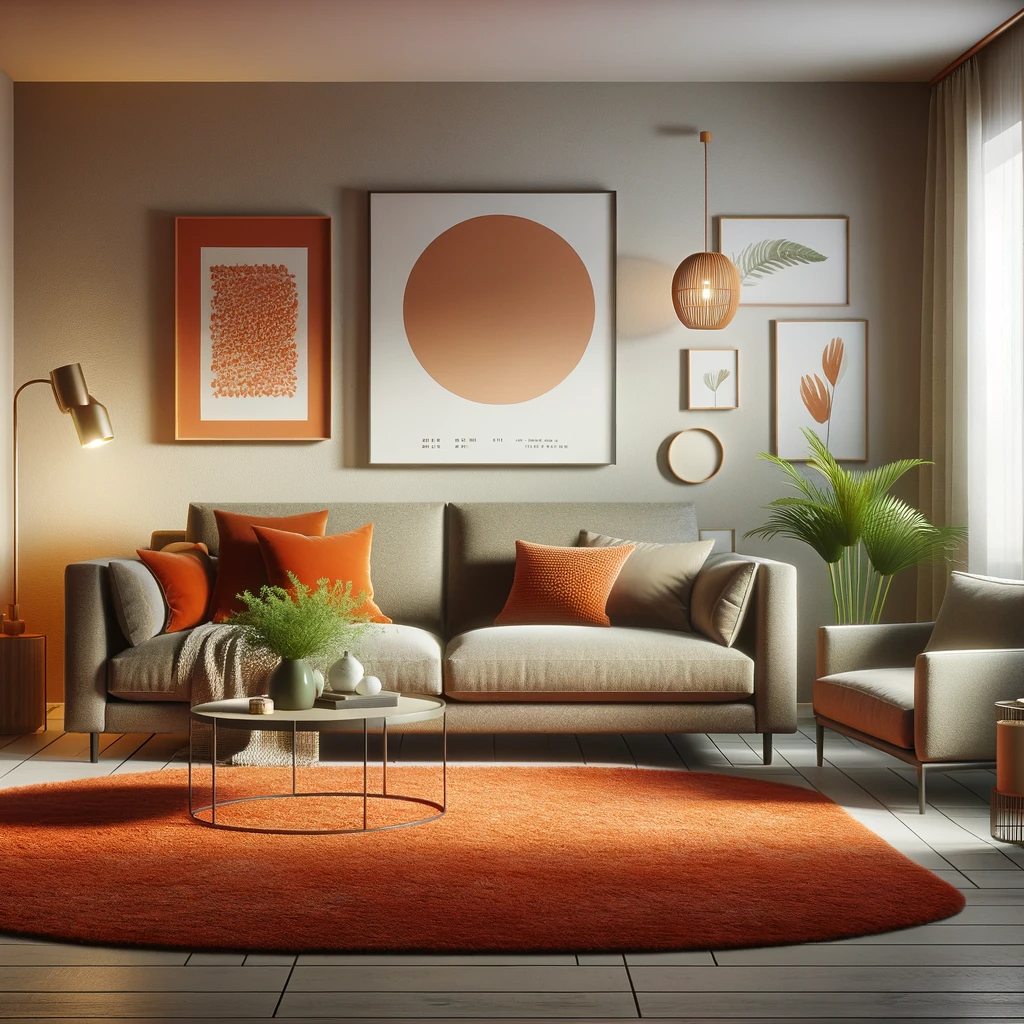 A stylish living room with a taupe couch and a burnt orange rug. The room combines contemporary design with vibrant colors. The taupe couch is elegant and versatile, offering a neutral base that contrasts beautifully with the bold burnt orange rug. This rug adds a warm, inviting element to the space. The walls are painted in a light, neutral color, creating a balanced backdrop for the furniture and decor. The room includes a modern coffee table, some green potted plants for a touch of nature, and minimalist decorative elements. The lighting is soft and ambient, contributing to the room's cozy and modern atmosphere.
