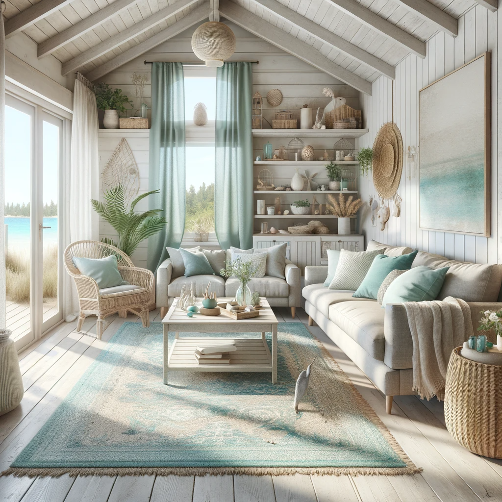 A summer house living room with a taupe couch and a turquoise rug. The room is airy and filled with natural light, embodying the relaxed and bright ambiance of a summer retreat. The taupe couch is comfortable and inviting, providing a neutral and calming element in the room. The turquoise rug adds a vibrant and refreshing touch, reminiscent of summer skies and ocean hues. The decor is beach-inspired, with elements like seashells, driftwood, and nautical-themed accents. The walls are painted in a light, breezy color, and large windows offer views of the surrounding nature. The room also includes a wicker coffee table, indoor plants, and light, flowy curtains, enhancing the summery and serene atmosphere of the space.