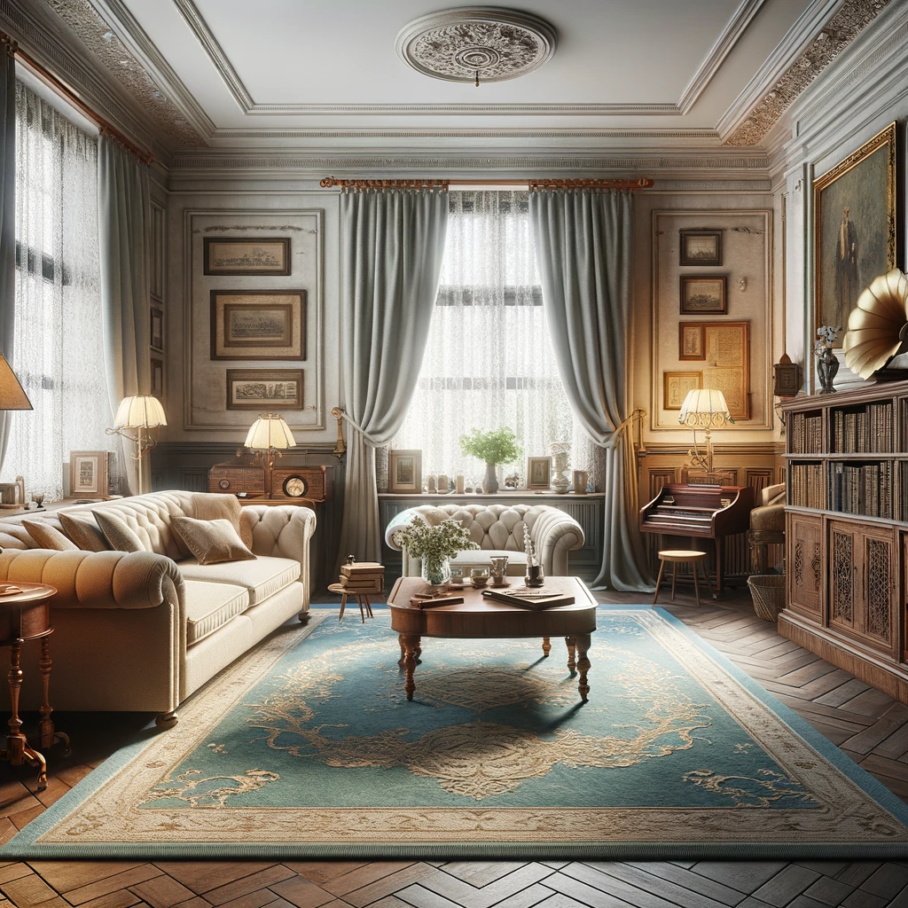 A vintage-style living room with a beige couch and an ocean blue rug. The room exudes a nostalgic charm with antique furniture, including a classic wooden coffee table and a vintage bookshelf filled with old books. The beige couch, with its elegant design, is complemented by the ocean blue rug that adds a hint of color and a tranquil feel. The walls are adorned with vintage framed art and old photographs, enhancing the room's historical ambiance. Large windows with lace curtains allow soft light to filter in, highlighting the room's warm and inviting atmosphere. The room is accented with retro-style lamps and a gramophone, completing the vintage aesthetic.