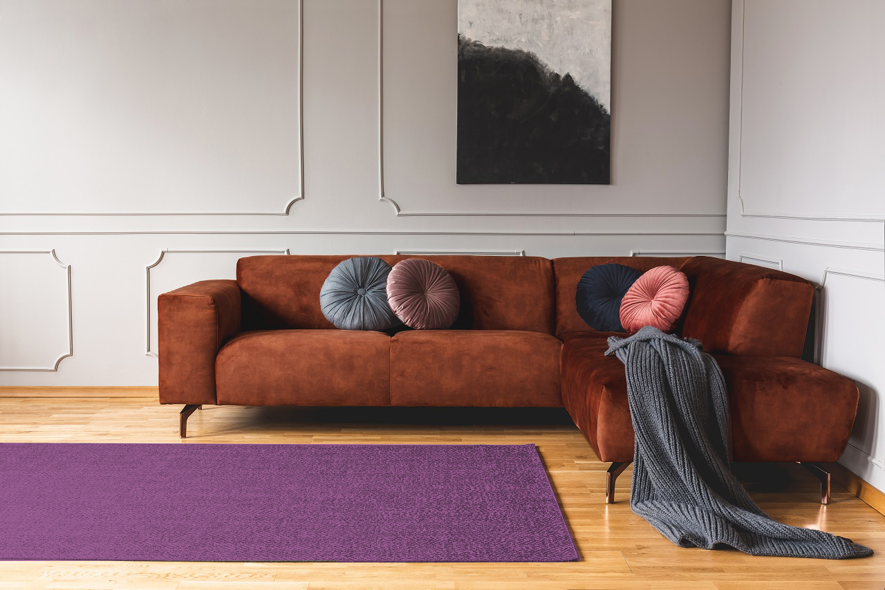 Plum Rug and Brown Couch