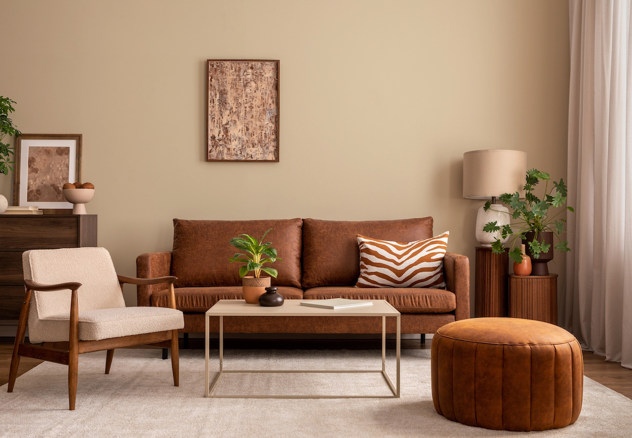 beige walls with brown furniture