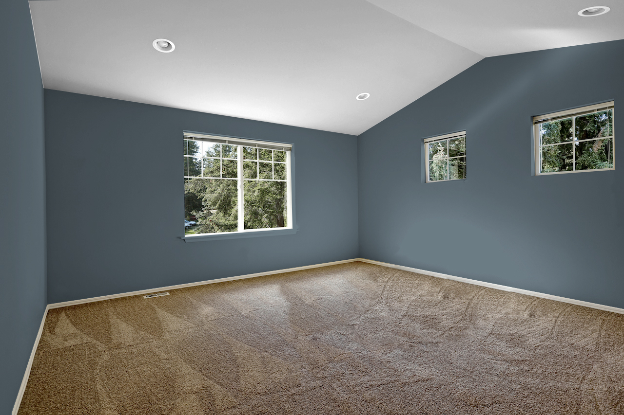 dusty blue walls with brown carpet