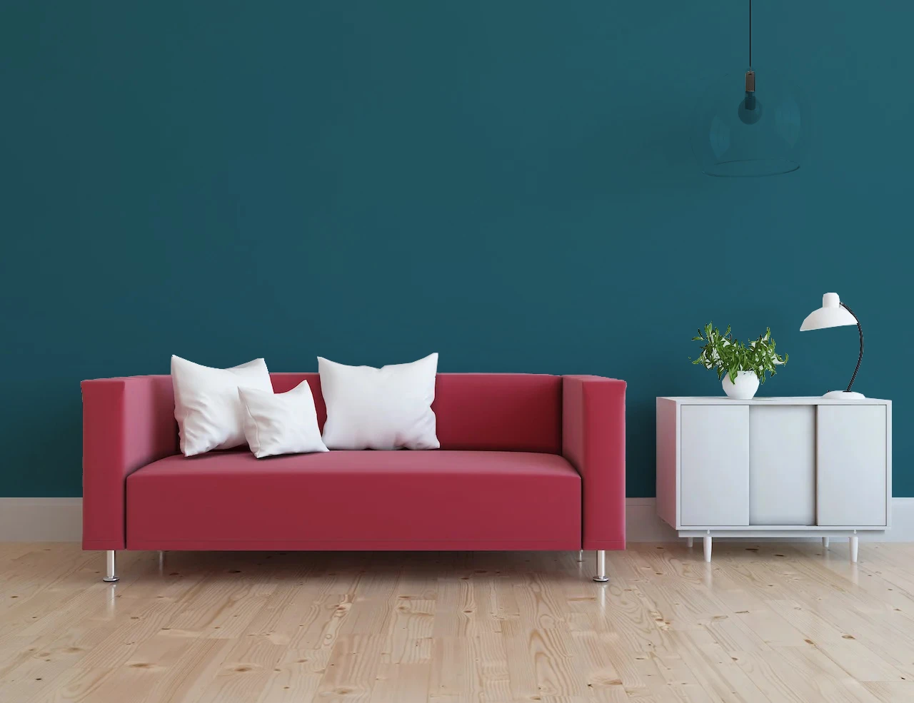 cobalt blue walls with red couch